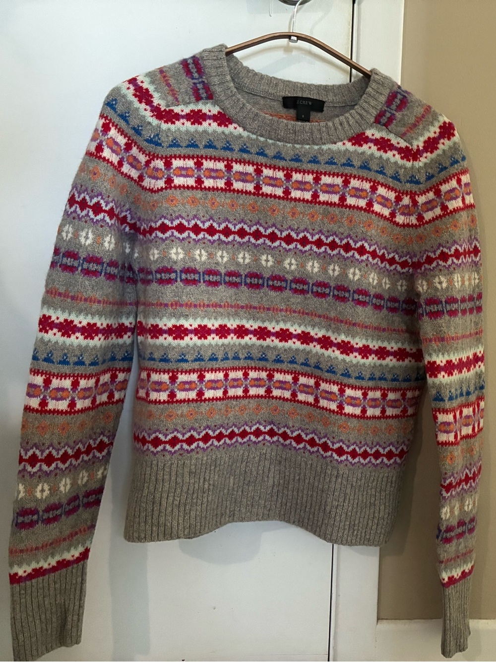 J. Crew Gray Fair Isle Crewneck Sweater with Red, Pink, Blue & Orange Accents